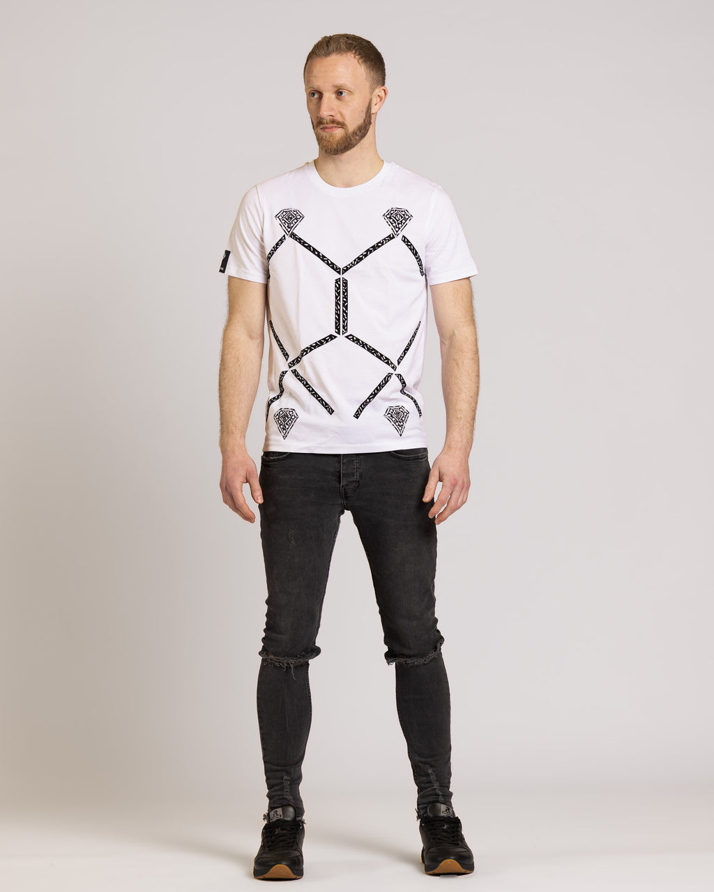 Weißes T-Shirt aus bio-Baumwolle mit schwarzen Flockdruck