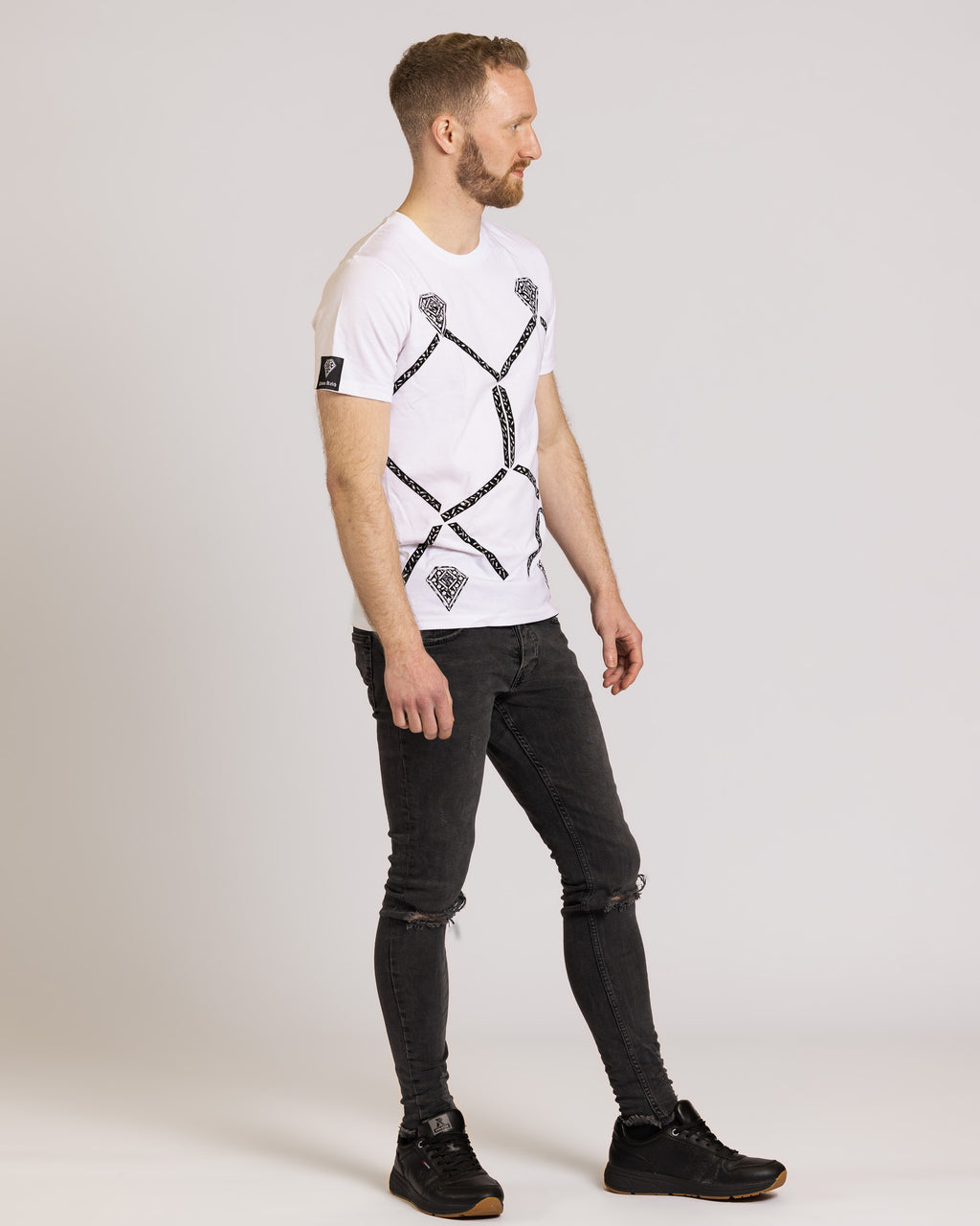 Weißes T-Shirt aus bio-Baumwolle mit schwarzen Flockdruck